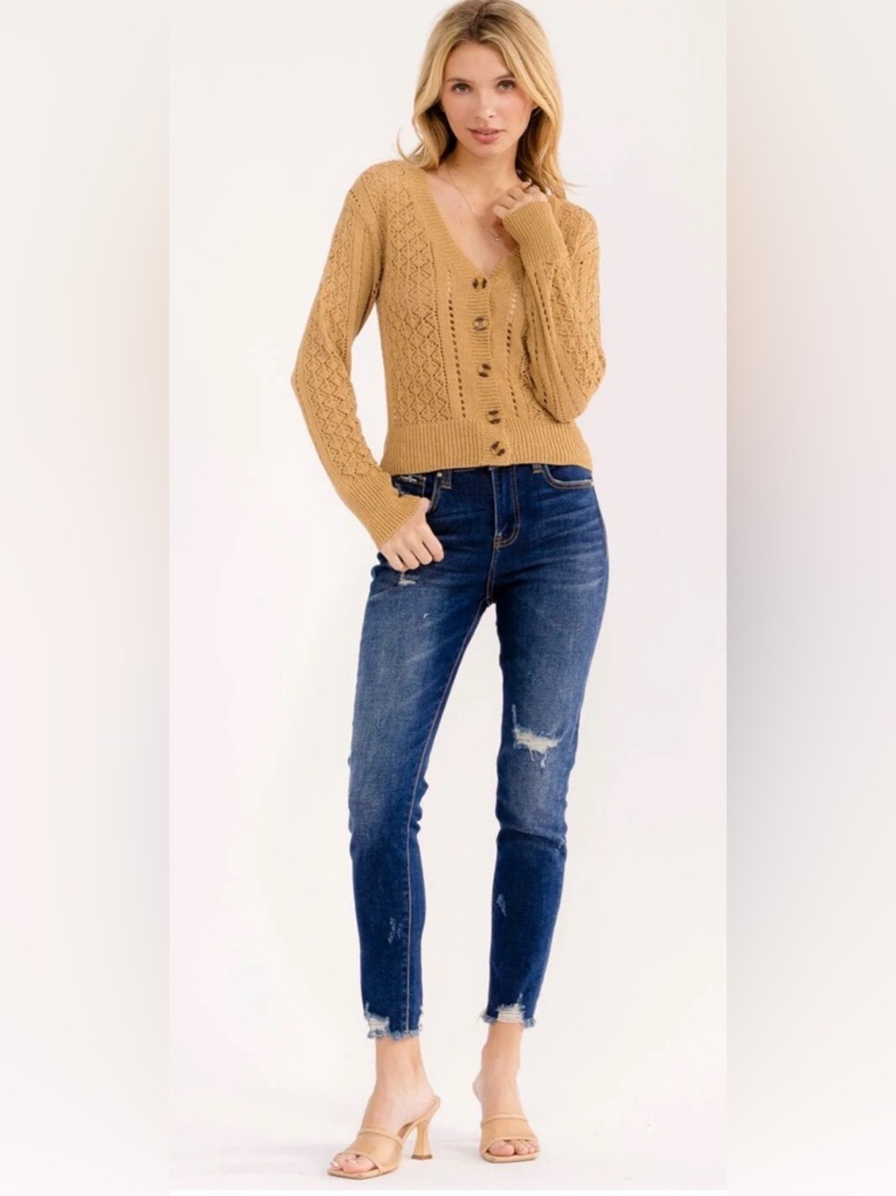 New EB Luxe crochet trim cardigan sweater camel S M L - Picture 2 of 3